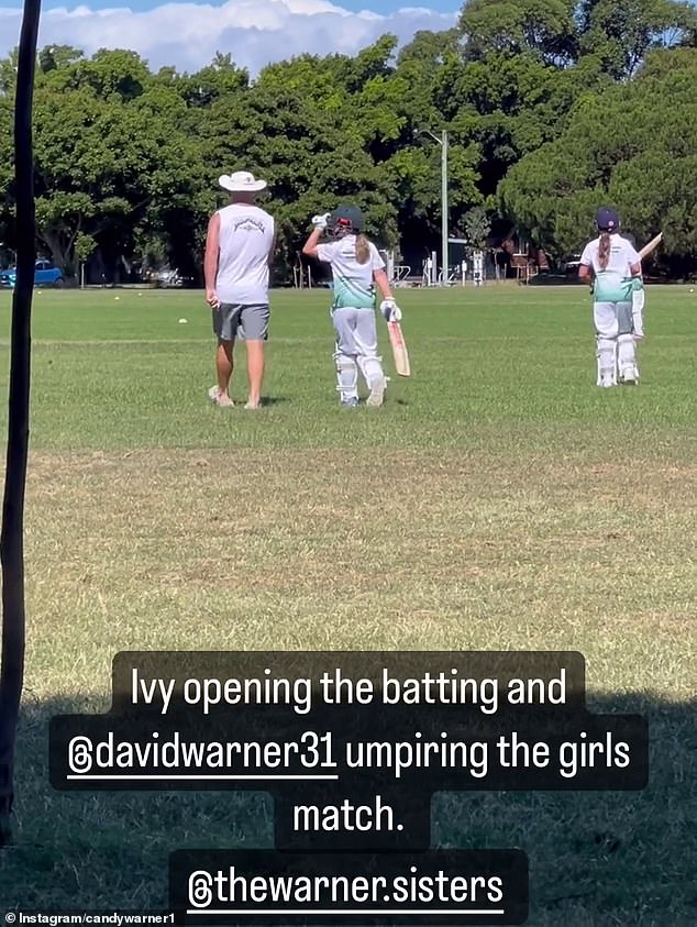 The cricket veteran could be seen with his daughter Ivy Mae, nine, opening the batting during the match