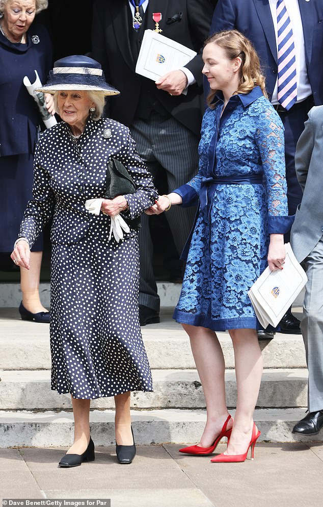 Princess Alexandra and Zenouska Mowatt, Marina's daughter, leave Westminster Abbey after the celebration of The Lady Elizabeth Shakerley in 2022