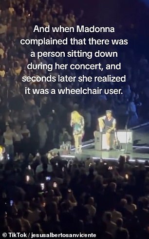 As she walked to the edge of the stage and approached the crowd, Madonna then realized that the fan was in a wheelchair