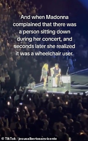 When she realized the fan was a wheelchair user, Madonna quickly excused herself and walked back to the center of the stage to resume her performance