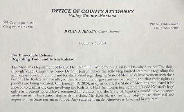 The local county issued a statement on the couple's case last month