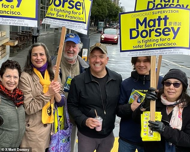 San Francisco Board of Supervisors member Matt Dorsey (center), whose campaign Parina (third from left) volunteered to support, was shocked to learn of the allegations