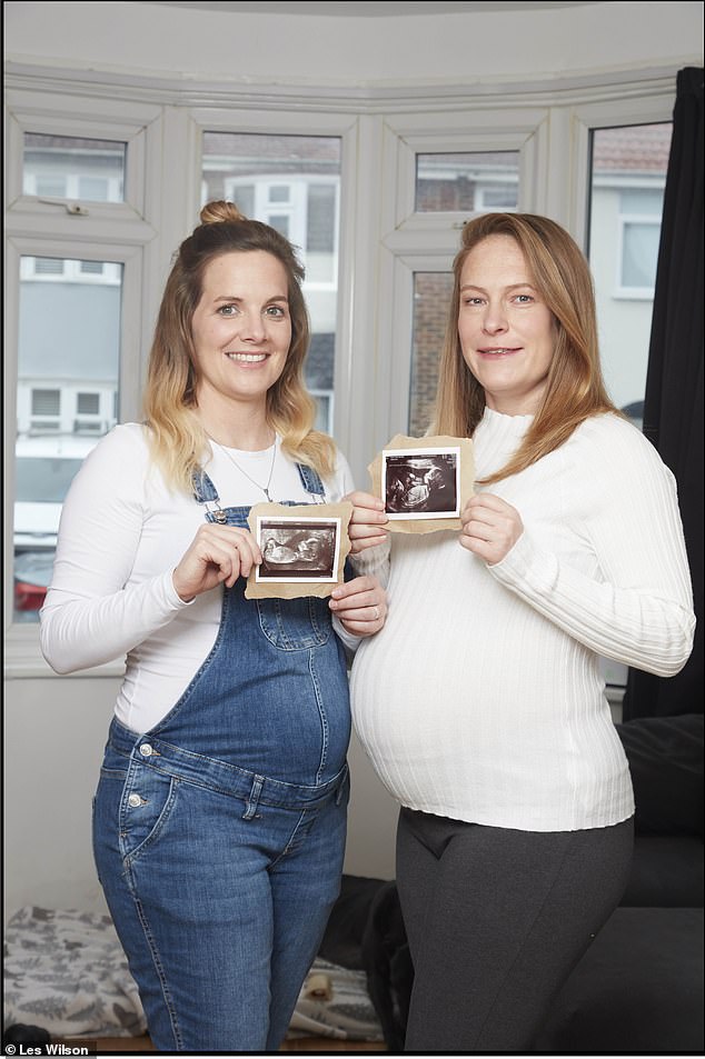 Elvis was created from Kerry's egg that was fertilized and implanted into Emily so she could be his birth mother.  Kerry (left) and Emily (right) hold baby scans on December 17, 2023