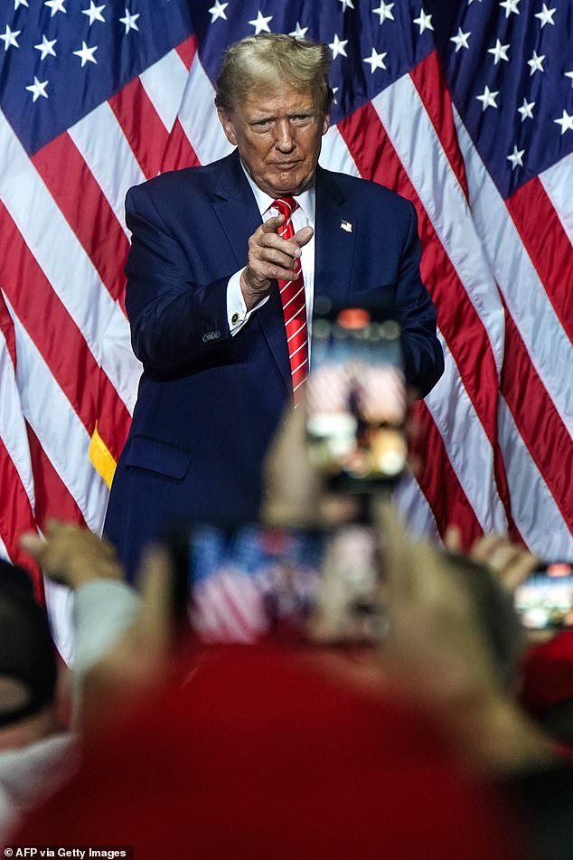 James spoke weeks after she won a $355 million judgment against Trump for inflating the value of his properties.  He was also banned from doing business in New York for three years.  Trump is pictured at a campaign event in Rome, Georgia on Saturday