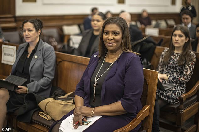 New York Attorney General Letitia James is seen smiling in court during Trump's trial in November 2023