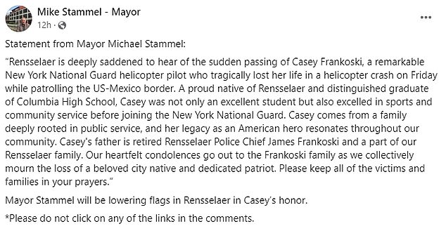 Rensselaer, New York Mayor Mike Stammel released a statement