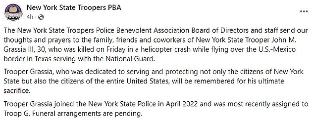 The New York State Troopers PBA also released a statement on Grassia's death