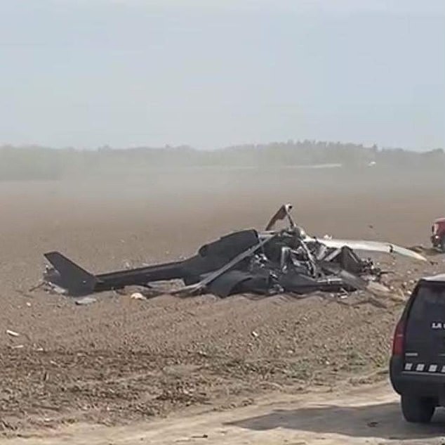 The helicopter is in ruins after it crashed in fields close to the border