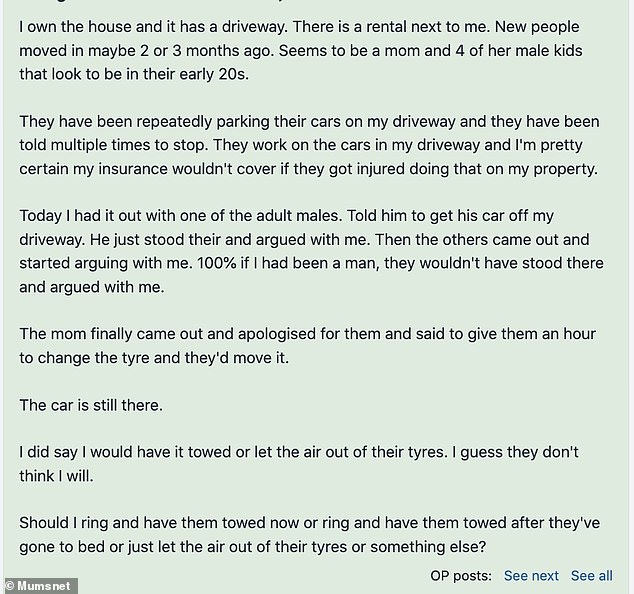 The woman took to British parenting platform Mumsnet and explained that she asked them to remove their car, but instead they argued with her