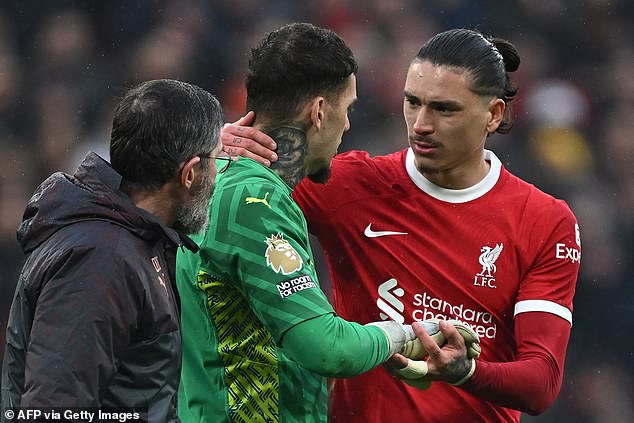 Nunez checked Ederson was okay after the nasty foul on Liverpool's Uruguayan No. 9