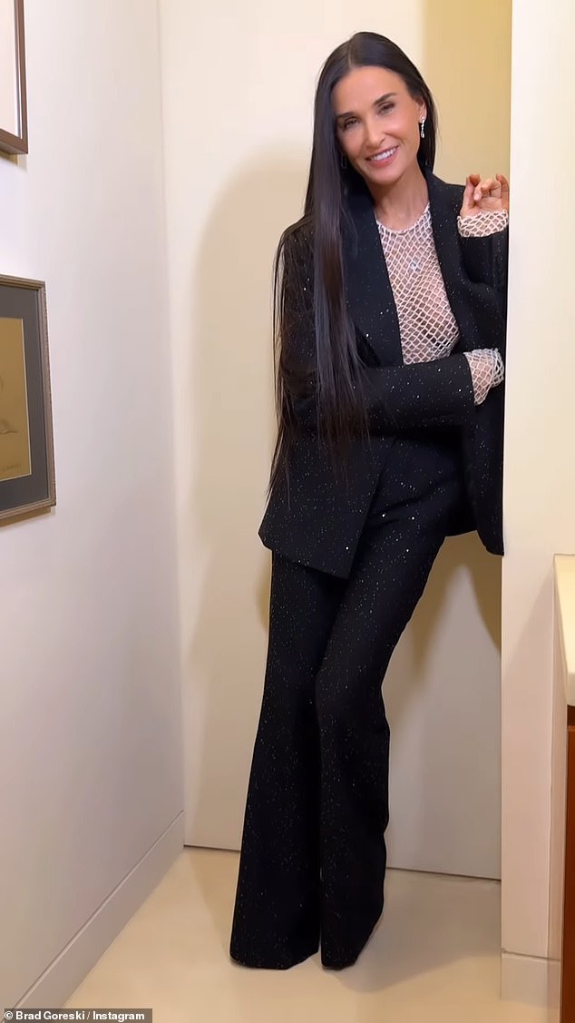 The Feud: Capote vs.  The Swans actress easily defied her 61 years in a glittering black Gabriela Hearst pantsuit over a white fishnet top, black Santoni heels and Anita Ko jewelry selected by stylist Brad Goreski