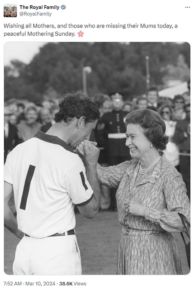 King Charles also shared a touching tribute to his 'dear mum' on Mother's Day, writing: 'Wishing all mothers, and those missing their mothers today, a peaceful Mother's Sunday'