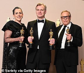 Oppenheimer was the night's biggest winner with seven, including top honors for Best Picture;  Emma Thomas, Christopher Nolan and Charles Roven are seen