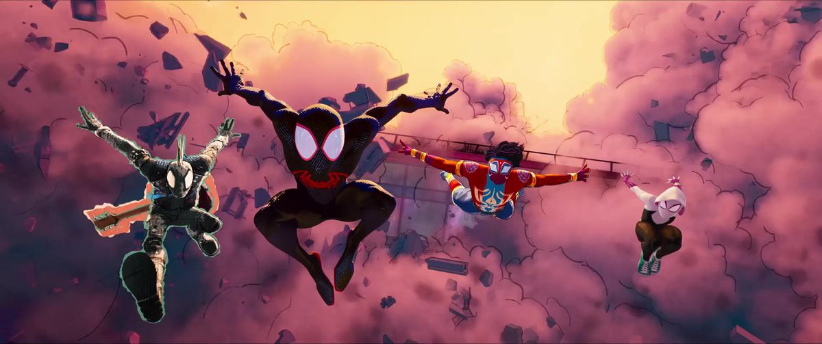 (L-R) Spider-Punk, Miles Morales, Spider-Man India and Spider-Gwen jump off the edge of a collapsing building together in Spider-Man: Across the Spider-Verse.