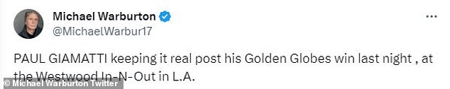 This comes after Paul Giamatti celebrated his Golden Globes win in January when he skipped the glitzy afterparties and instead drove to In-N-Out in Westwood, California, for a burger and fries.