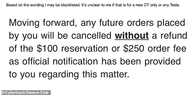 The so-called Cybertruck flipper shared part of an email he received from Tesla.  The email stated that Tesla would cancel its future orders without a refund, but he said he did not know if that applied to all Tesla vehicles or just the Cybertruck.