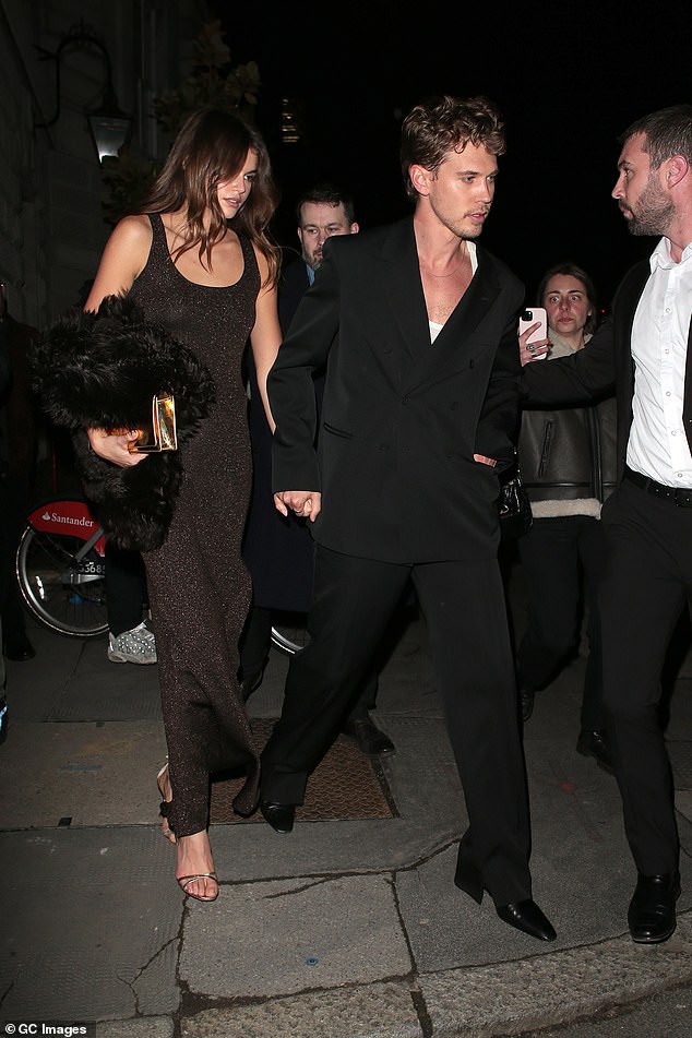 Kaia and boyfriend Austin were spotted heading to a Dune Part Two afterparty in London last month;  pictured on February 15 in London on the way to the after party