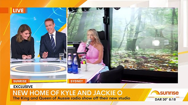 Pictured: Sunrise presenters Natalie Barr and Matt 'Shirvo' Shirvington were clearly amused by the yarn at first.  Trying to stifle her laughter, Nat explained to the surprised radio stars that the breakfast show has 'different rules'.