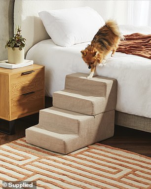 There are also pet stairs that make it easier for your fur friend to climb onto the bed