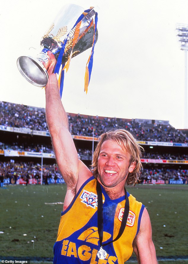 Chris Mainwaring (pictured celebrating the Eagles' first major final victory in 1992) died in 2007 aged 41 from a suspected cocaine-related attack