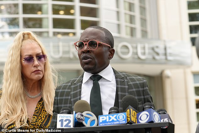 Whitehead (pictured with attorney Dawn Florio) was accused of defrauding a parishioner's mother out of her savings and wasting the money on luxury clothing and a BMW payment