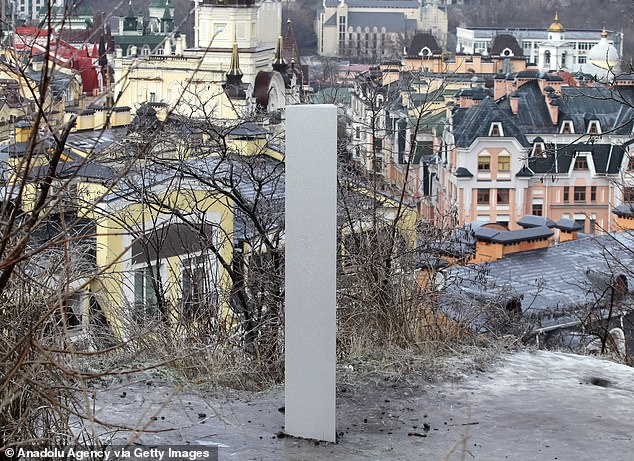 A view of a metal monolith on Zamkova Hora Hill in Kiev, Ukraine.  Some media have suggested that the monolith is likely an advertisement for a new Ukrainian postal operator.