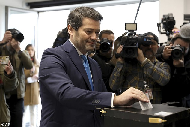 Populist right-wing Chega leader Andre Ventura casts his vote at a polling station in Lisbon