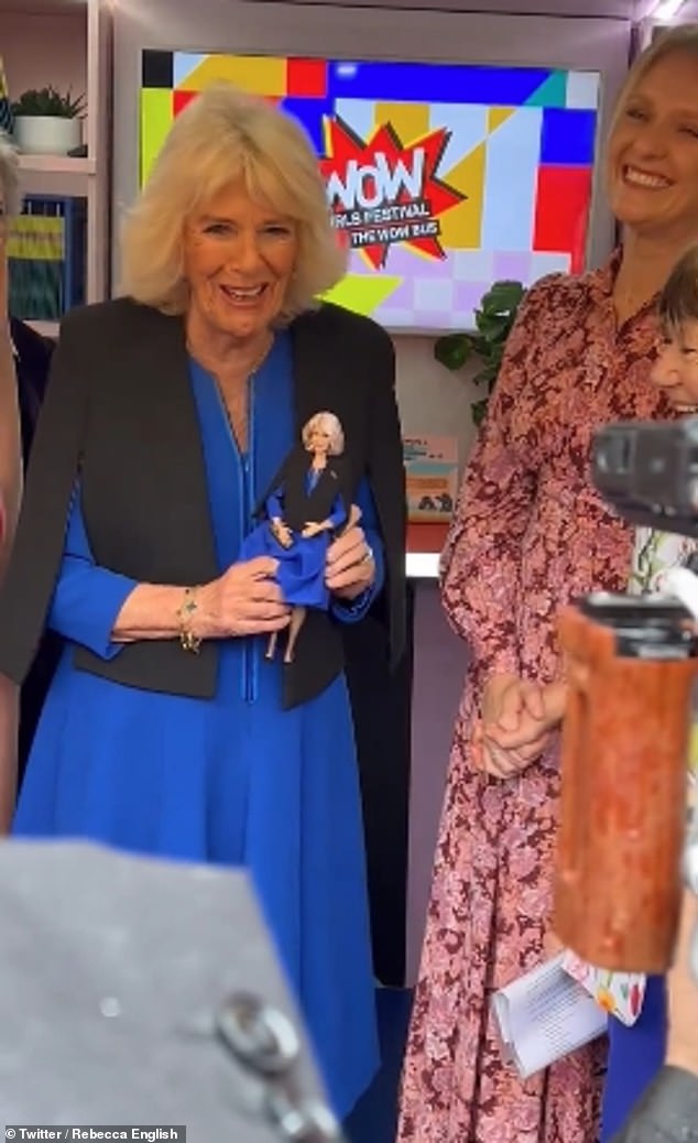 Pictured: Queen Camilla laughed and joked that the Barbie designers had 'taken 50 years off her life' when she was presented with her look-alike doll