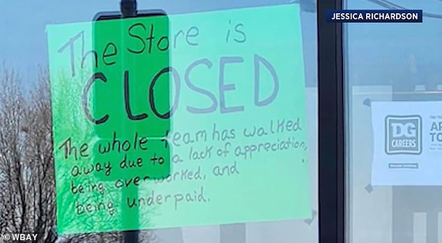 While a sign at the front of the store read: 'We're closing!'  another sign explained that 'the entire team walked away due to lack of appreciation, overwork and underpayment'