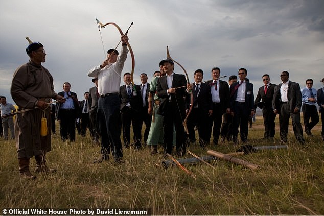 Longshot: The straight-talking Biden was mortified when his host, the Mongolian prime minister, didn't do so well in archery