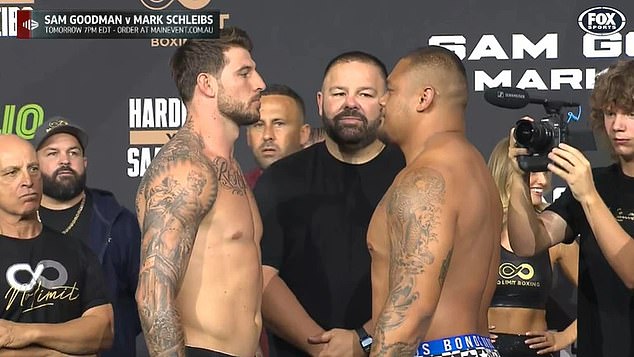 Scott (left), who comes into the fight 30kg lighter than Leilua (right, at their weigh-in), says his former teammate is so overweight he 'doesn't know which chin to hit'