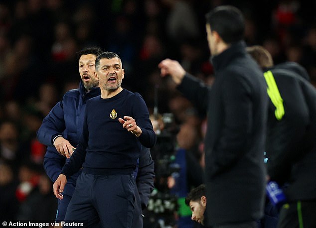 Arteta and his counterpart Sergio Conceicao (above) were involved in a heated confrontation after the final whistle