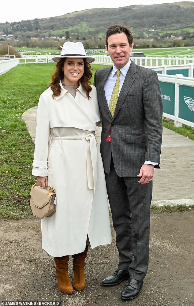 Princess Eugenie looked chic and sophisticated in a white wrap coat, which she wore over an oatmeal midi dress