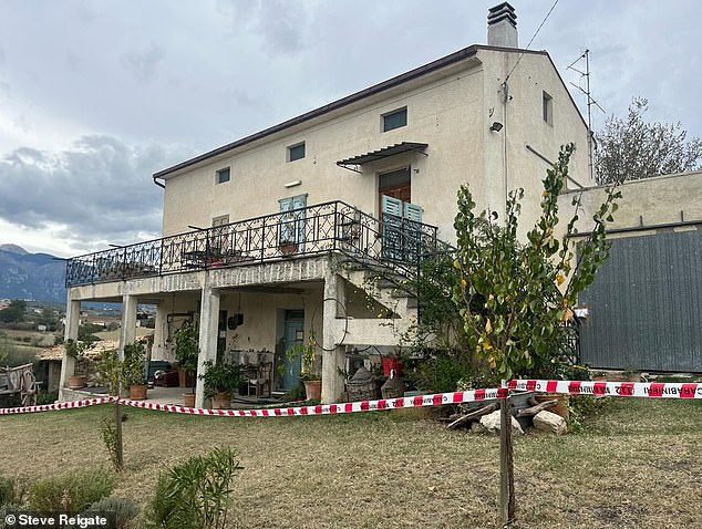 Michele Faiers, 66, was found lying in a pool of blood in her first-floor bedroom by her friend at her rural home in a village near Casoli, a town in eastern Italy.  In the photo: the house with police tape around it