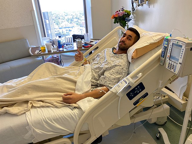 Mr Faratzis pictured in hospital during treatment for stage four bowel cancer