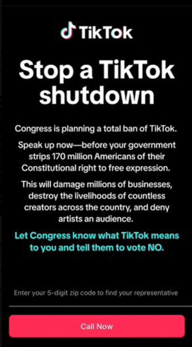 TikTok sent this notice to users last week after the bill was introduced