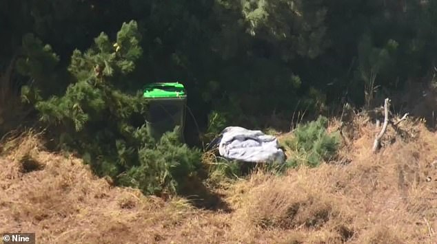 The green waste bin was found half-hidden in rural bushland