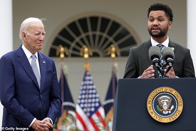 Representative Frost with President Biden at the White House in 2023. Biden said he would sign the TikTok bill if it reached his desk.  The congressman said a ban would not help young voters