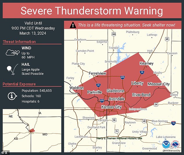 According to the Kansas City Star, the destructive storm, with winds of 60 to 75 miles per hour, is expected to continue overnight and redevelop Thursday afternoon.