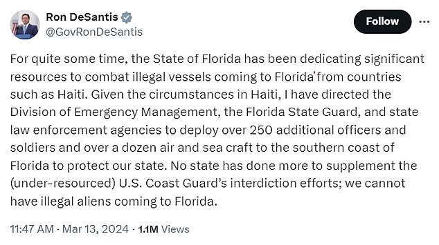 The details of the deployment were outlined by DeSantis' office after the failed Republican candidate went to X to announce the operation.  It will consist of 48 National Guardsmen and four helicopters