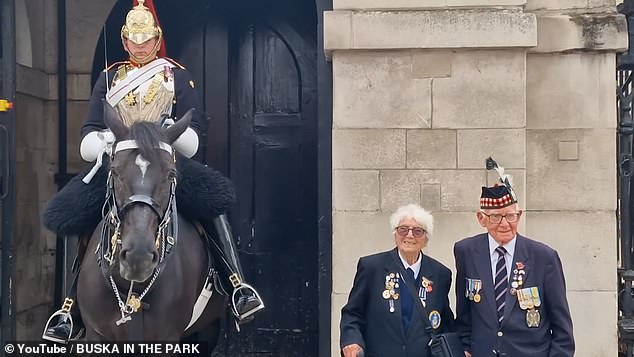 An elderly military veteran was treated to the friendlier side of a member of the King's Life Guard when the soldier came closer to her and allowed the woman to stroke his horse's nose