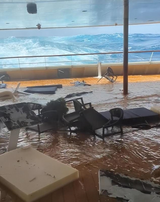 Tables, chairs, deck chairs and all kinds of other rubbish were floating around after the deck was swamped by the deluge