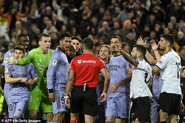 Jesus Gil Manzano blew his whistle moments before Bellingham scored against Valencia before sending the player off for a noisy protest