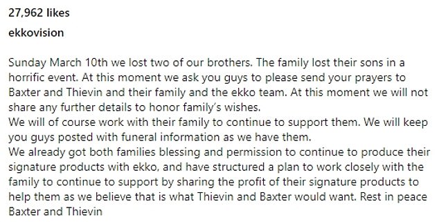 Ekkovision, the health and wellness company that employed the pair, announced their deaths yesterday in a post on Instagram