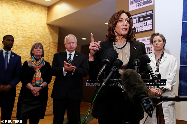 Harris speaks to reporters after touring the abortion clinic in Minnesota