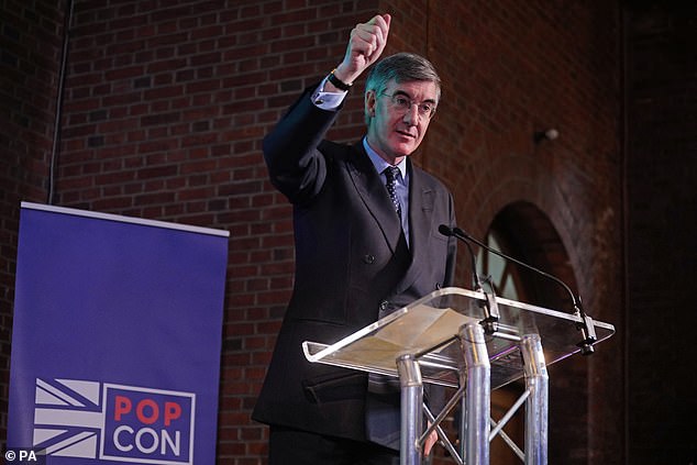 Valance expressed her wish for former business secretary Sir Jacob Rees-Mogg to become prime minister.  Mr Rees-Mogg is pictured giving a speech at the 'PopCon' launch event in February