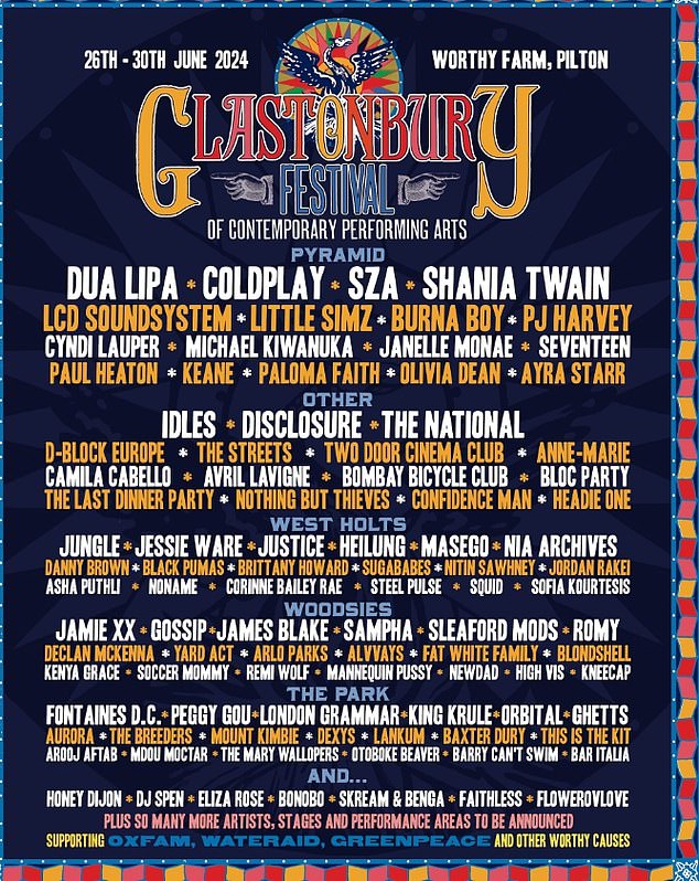 Glastonbury Festival takes place at Worthy Farm in Somerset from Wednesday 26 June to Sunday 30 June.  This morning it was revealed that Dua Lipa, Coldplay and SZA will headline the iconic event, with Shania Twain playing the legendary Sunday slot.