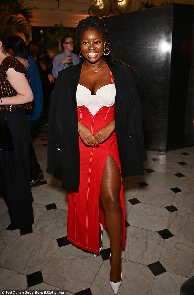 British radio host Clara Amfo, 39, looked sensational in a leggy, thigh-high slit red and white dress as she arrived at the event