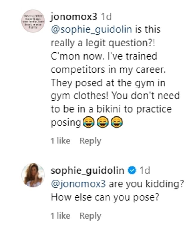 Another naysayer added: ''It's one thing to wear your bikini/thong on stage during a competition.  I think it's another thing that you parade/pose with it around your house.'  Sophie has since hit back at this user, replying: 'How would you suggest practicing for the stage?  A tracksuit?'