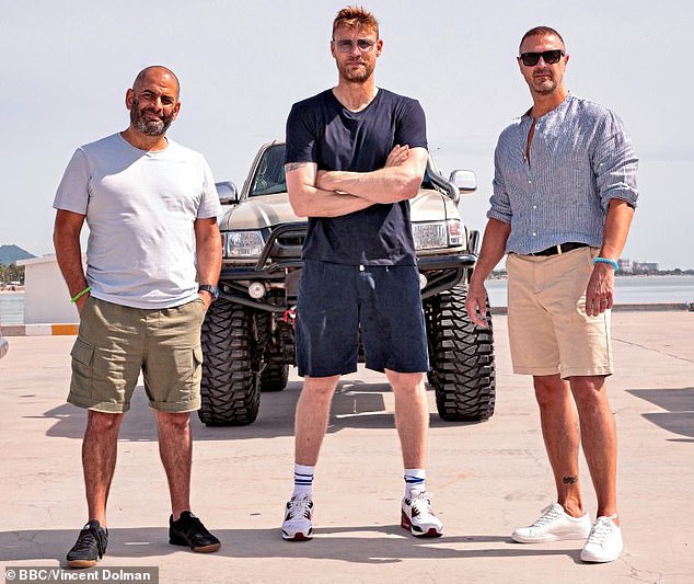 Filming of the latest series of Top Gear was suspended after the crash (Pictured: Flintoff with co-presenters Chris Harris, left, and Paddy McGuinness, right)